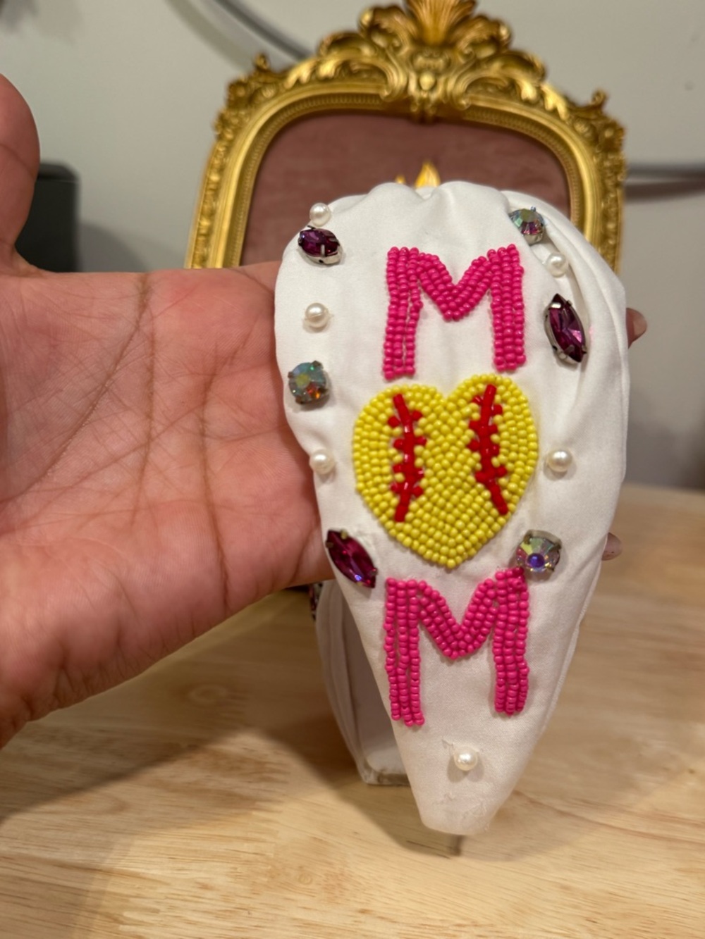Hand-Beaded White Headband with Pink 'MOM' and Yellow Heart Accent
